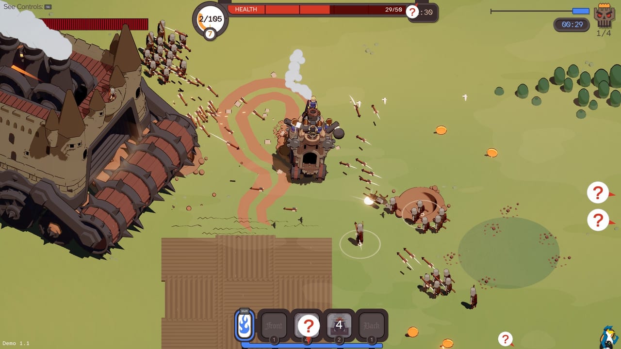 Wanderburg demo screenshot: a small wheeled castle fights a giant spiked steamroller fortress on green fields