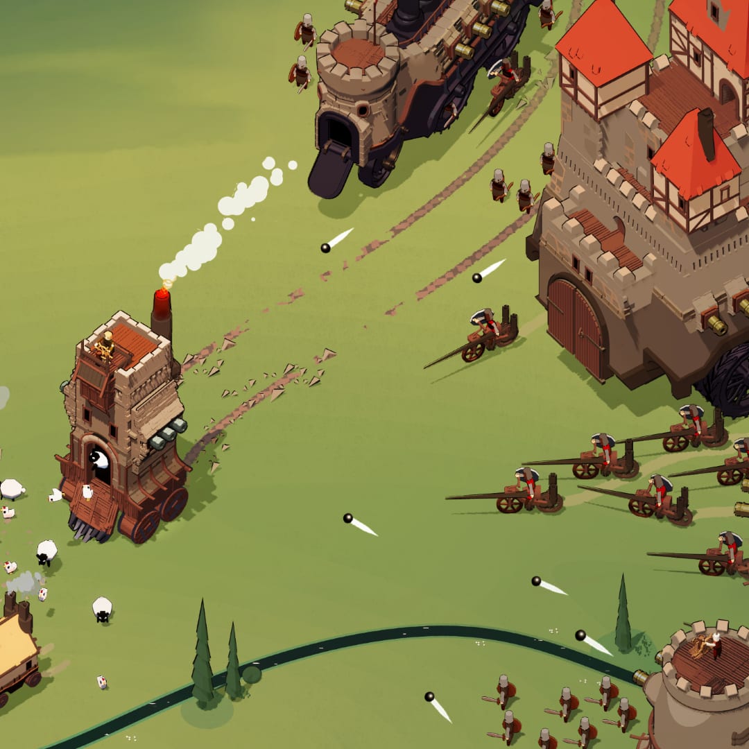 Wanderburg scene of a wooden rolling keep, sheep, bicycle knights, and a larger fortress firing cannonballs
